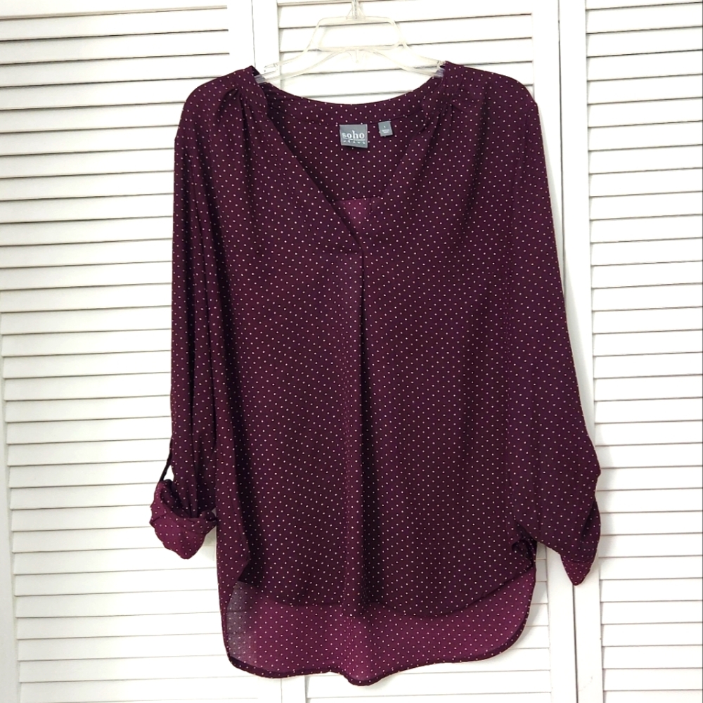 EUC New York And Company Women's Burgundy Polka Dot Blouse